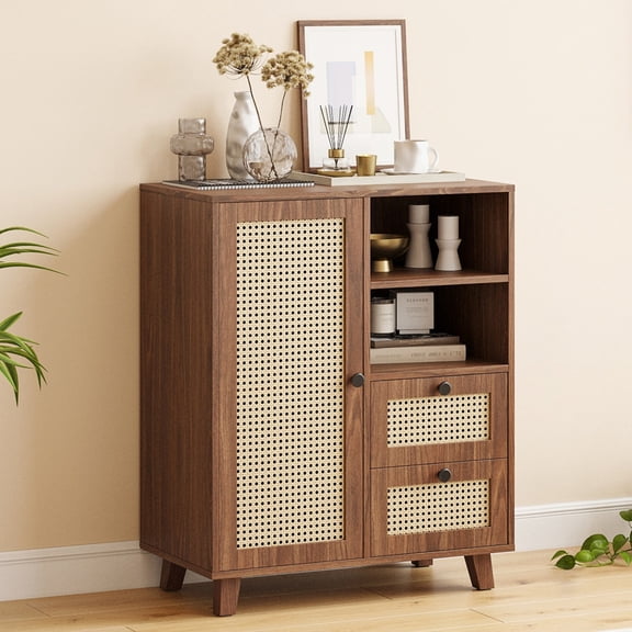 Rattan Buffet Cabinet with Drawers & Adjustable Shelf, Modern Farmhouse Sideboard Storage Cabinet for Living Room, Kitchen, Entryway, Walnut