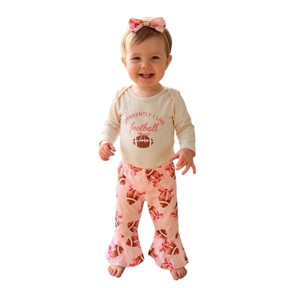 Baby Girls 3 Piece Outfits Adorable Letter Football Print Long Sleeve Round Neck Romper and Flared Pants Headband Set