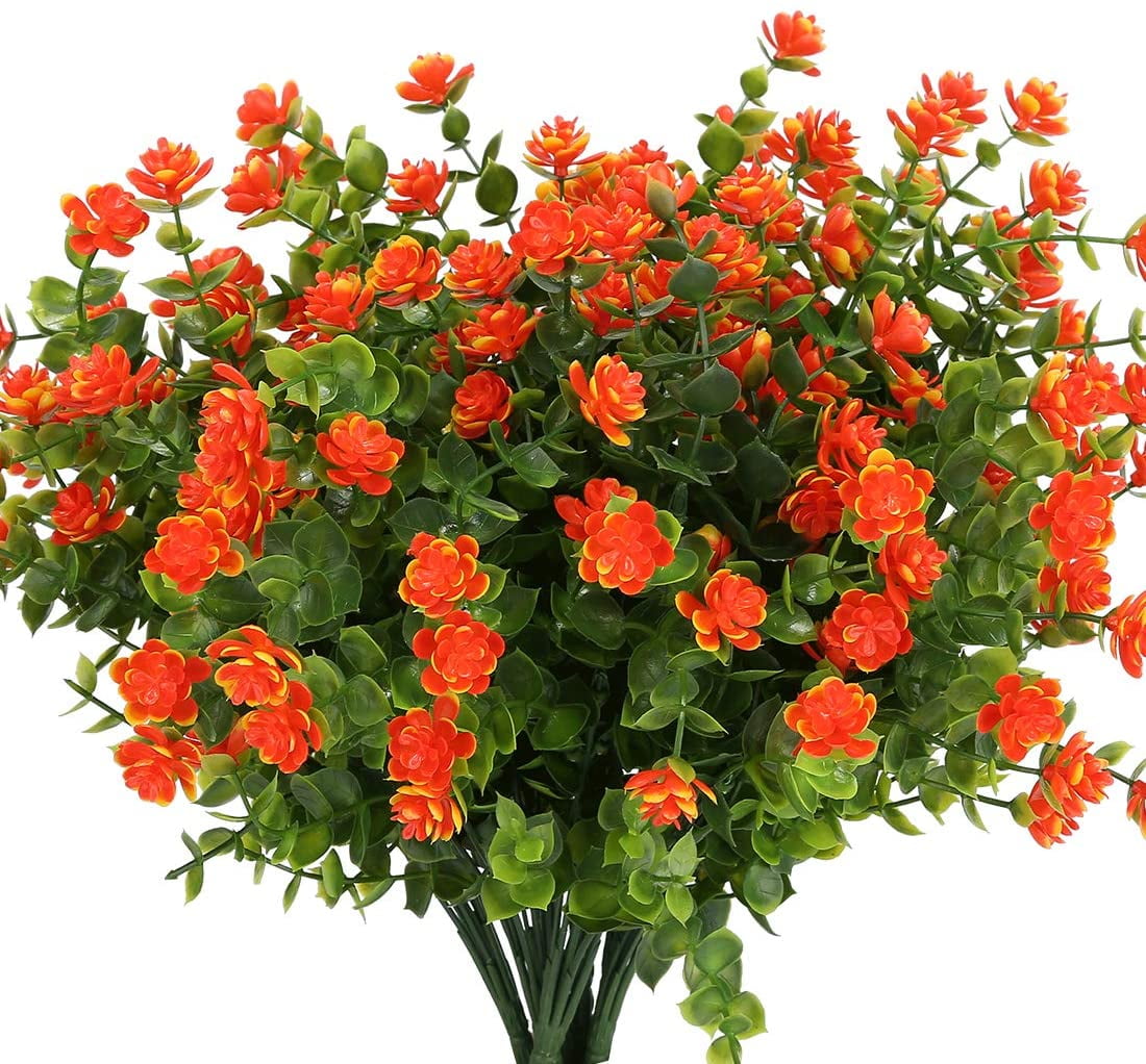 Morttic 12 Bundles Artificial Flowers, Fake Artificial Greenery UV Resistant No Fade Faux Plastic Plants for Wedding Bridle Bouquet Indoor Outdoor Home Garden Kitchen Office Table Vase(Orange Red)
