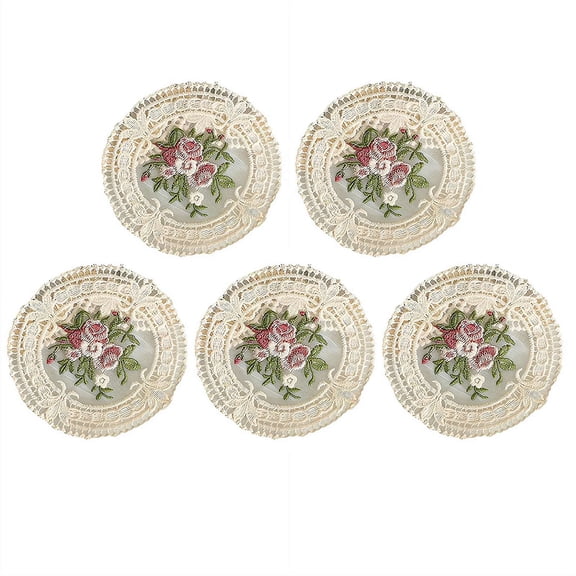 5Pcs Vintage Floral Embroidered Coasters, 4.7 Inch Round Doily Cup Mats for Drinks, Multi-Purpose Table Protectors for Coffee Table Wedding Party Home Decor Spring Essentials