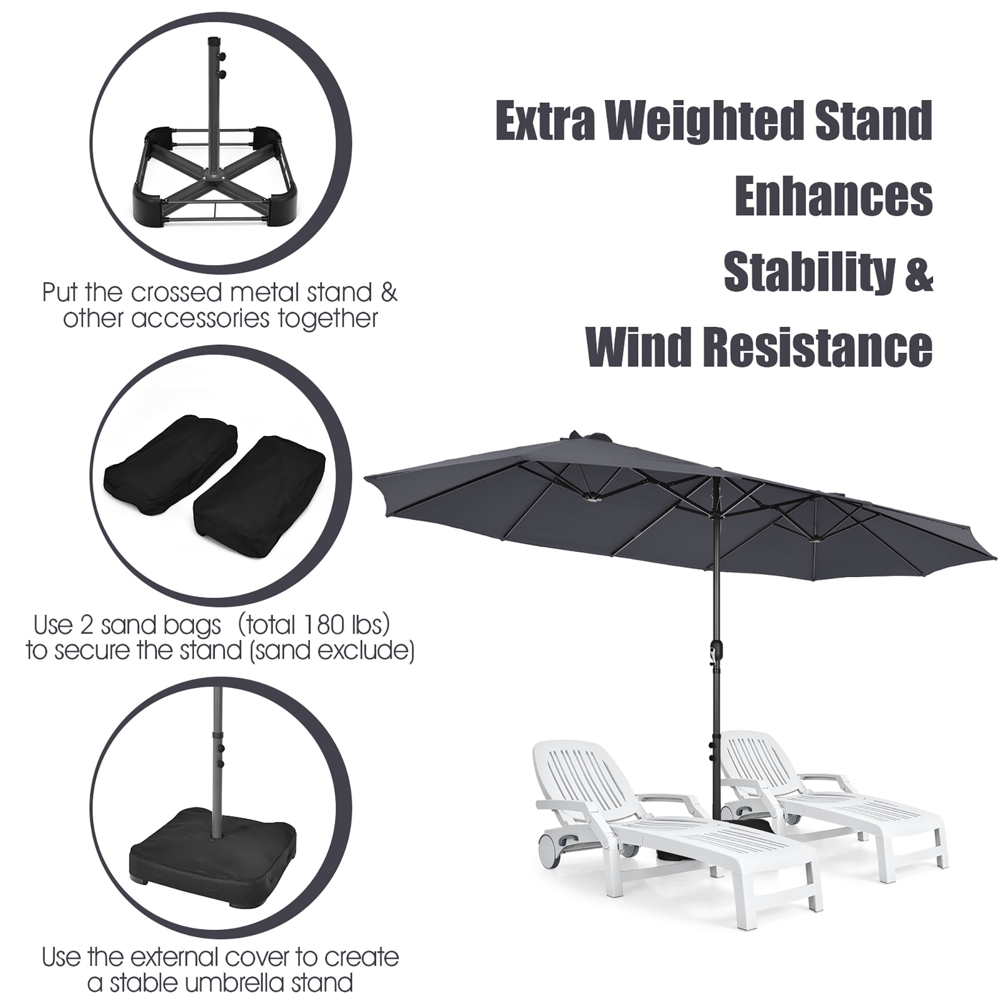 Costway 15FT Double-Sided Twin Patio Umbrella Sun Shade Outdoor Crank Market Base Grey