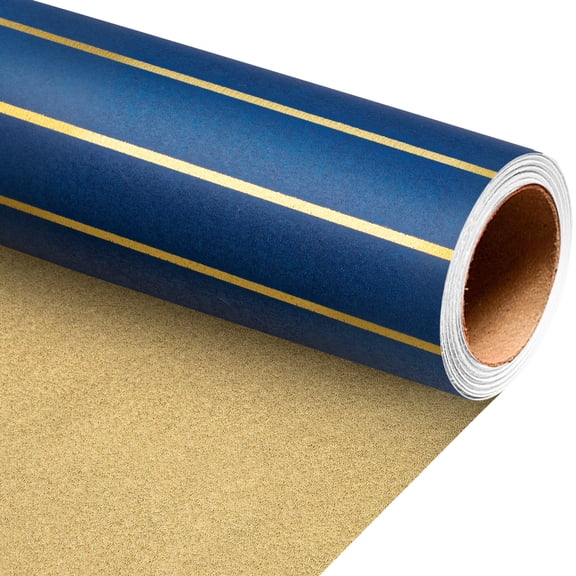 MAYPLUSS Navy Blue Gift Wrapping Paper Roll, 17IN X 16.5FT Gold Stripd Wrap,Revesible Gold Gift Wrap Paper for Mens Birthday Anniversary Wedding Engagement