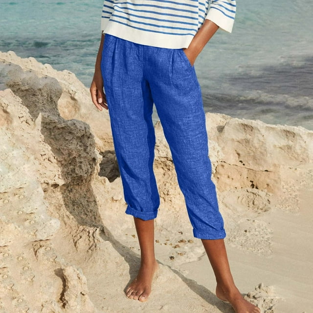 CFLVAEK Fake Denim Distressed Capri Pant with Pocket for Women Loose Fit Solid Ruched Beach Pant Flowy Breathable Straight Pedal Pushers Lightweight Mid Rise Ladies Lounge Pants