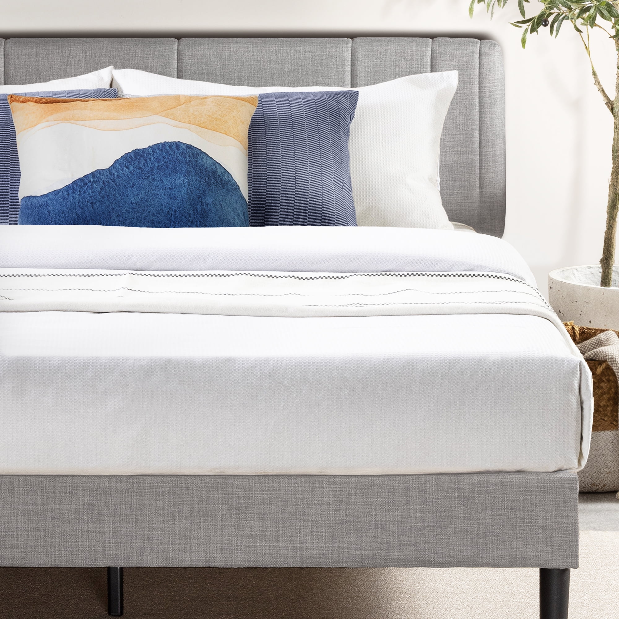 Mellow Soley Upholstered Platform Bed Frame with Headboard, Light Grey, Full