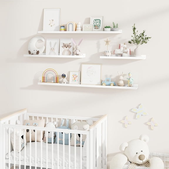 Picture Ledge Shelf, Pine Wood Floating Shelves Set of 2, 55 inch Nursery Book Shelves, Photo Ledge Book Shelves Wall Mounted for Living Room Kids' Room Bedroom - White