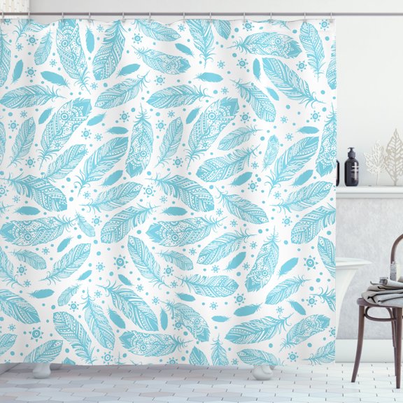 Ambesonne Feather Shower Curtain, Pattern of Quills and Sun, 69"Wx70"L, Pale Blue and White