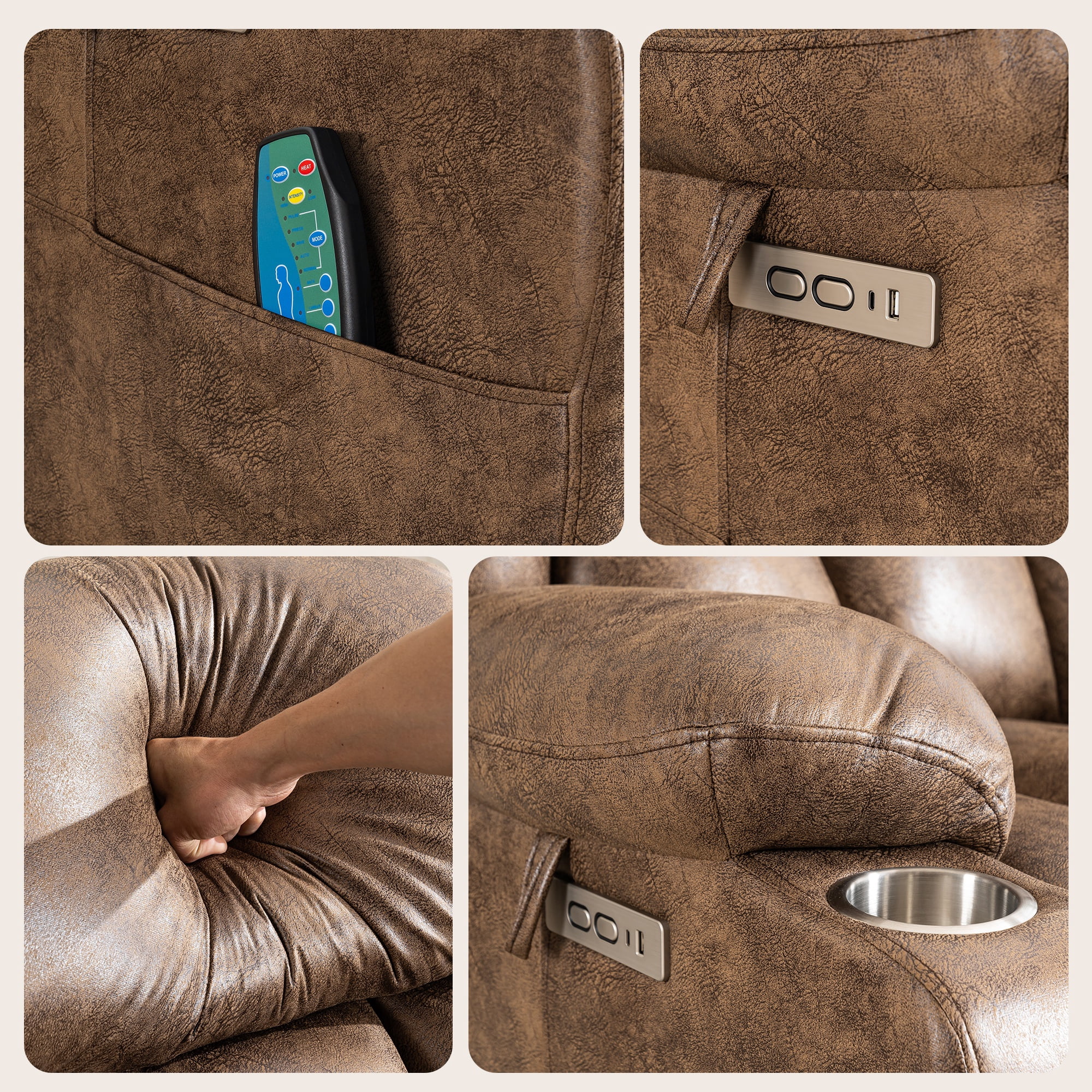 JULY'S SONG Overstuffed Leather Recliner Chair with Massage and Heat, Power Lift Chairs for Elderly with Cup Holders, Electric Oversized Recliners for Adults with Charge Ports, Brown