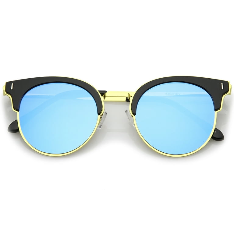 Modern Half Frame Round Colored Mirror Flat Lens Horn Rimmed Sunglasses 49mm Black Gold Blue Mirror