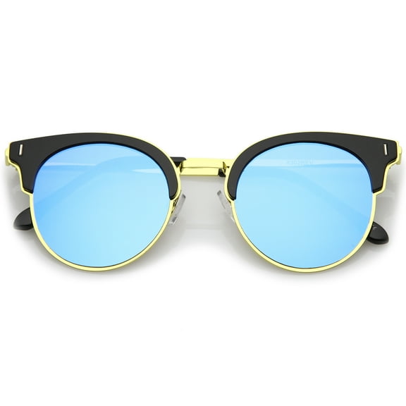 Modern Half Frame Round Colored Mirror Flat Lens Horn Rimmed Sunglasses 49mm (Black-Gold / Blue Mirror)