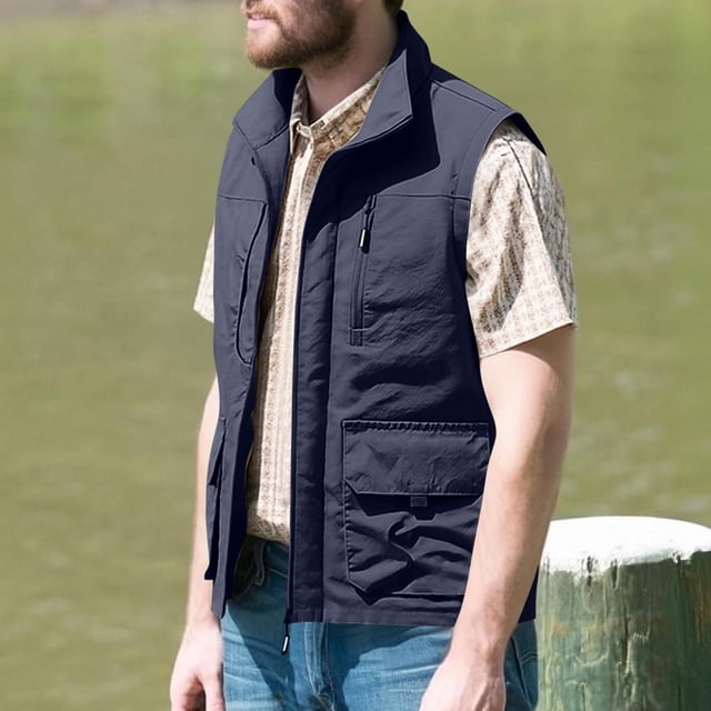 Ceisia Men's Relaxed Fit Multi-Pocket Utility Vest - Stand-Up Collar Zip Front Dark Blue M Gifts