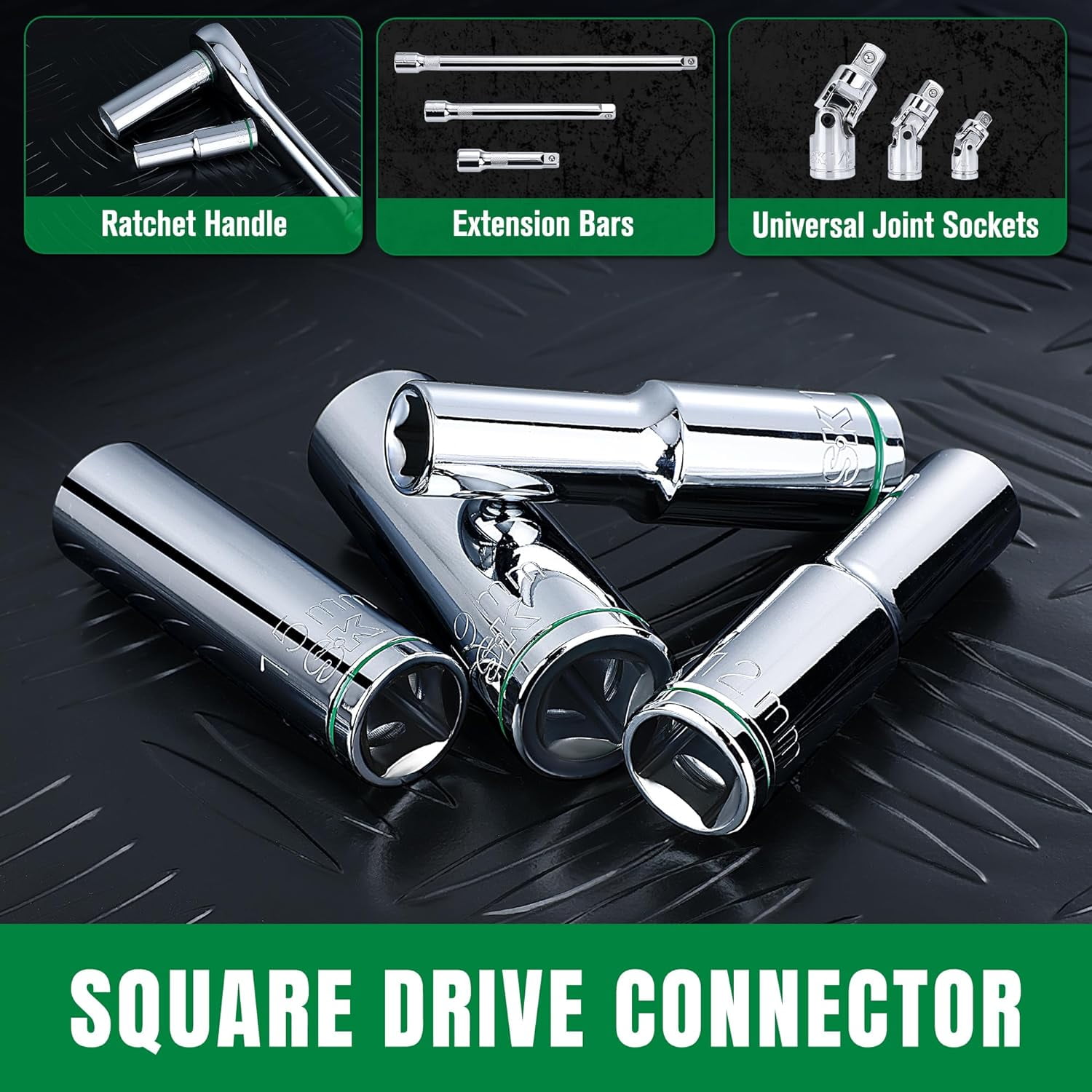 SK 1/2" Drive Socket Set, Deep Metric Sockets, 11-Piece 10-20mm, SuperKrome Finish, Preminum CR-V Construction, with Aluminum Socket Organizer