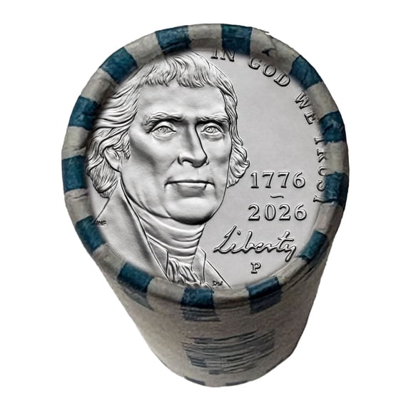 America 250 Jefferson Nickel 1776–2026 Uncirculated P Mint 1-Year Issue $2 Roll