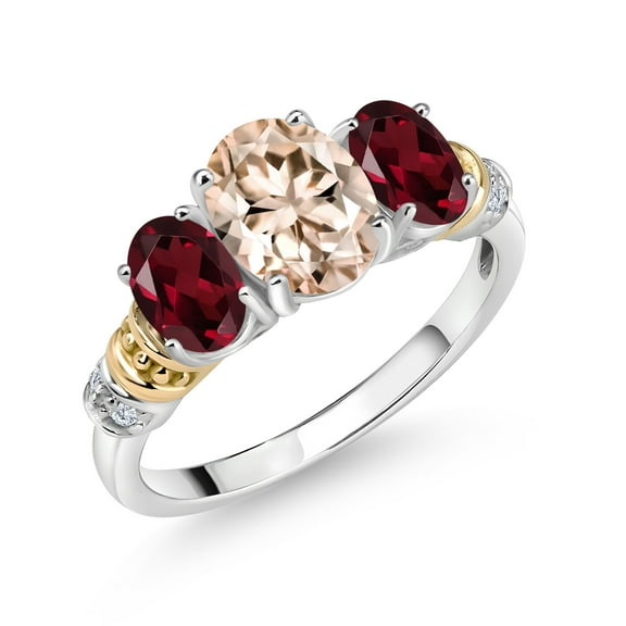 Gem Stone King 925 Sterling Silver and 10K Yellow Gold Oval Peach Morganite Red Rhodolite Garnet and White Diamond 3 Stone Ring for Women (2.03 Cttw, Gemstone October Birthstone, Size 5)