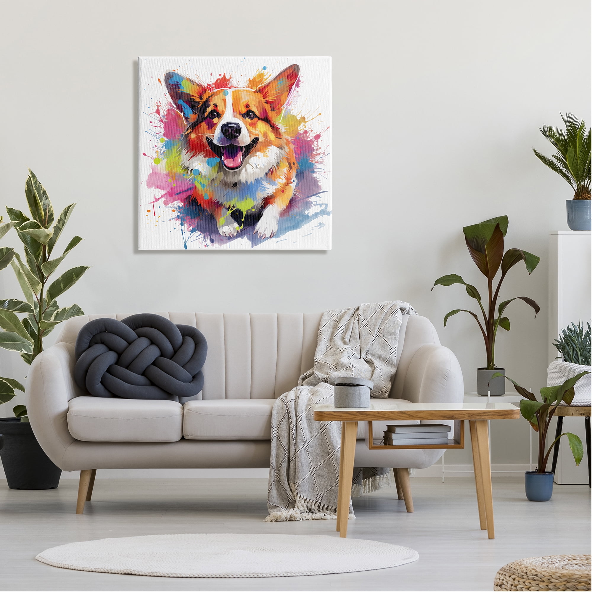 Stupell Industries Happy Corgi Modern Splatter Animals & Insects Painting Gallery Wrapped Canvas Art Print Wall Art, 30 x 30