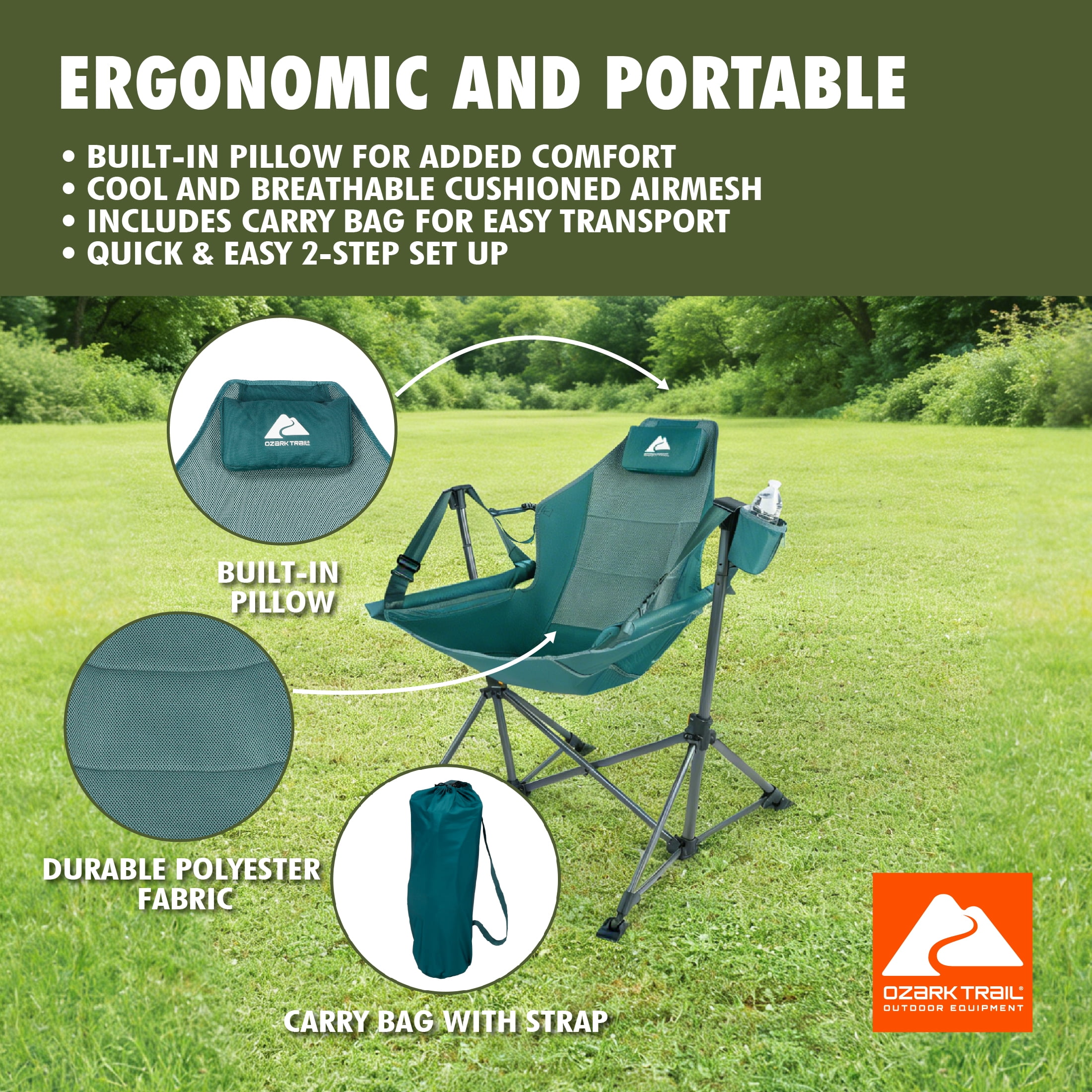 Ozark Trail Swing Hammock Chair with Built-in Pillow, Green