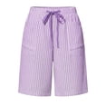 thumbnail image 4 of Straight Leg Shorts for Women New Women’s Linen Striped Shorts, Elastic Waist Drawstring Casual Beach Bottoms, Loose Knee Length Bermuda Shorts with Pockets Purples XL, 4 of 6
