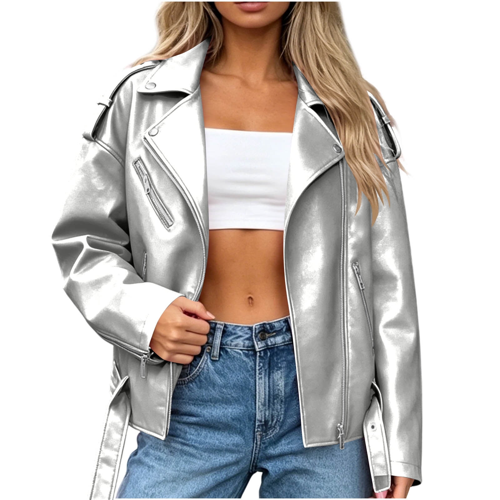 Aimik Women's Metallic Faux Leather Moto Jacket Zip Up Long Sleeve