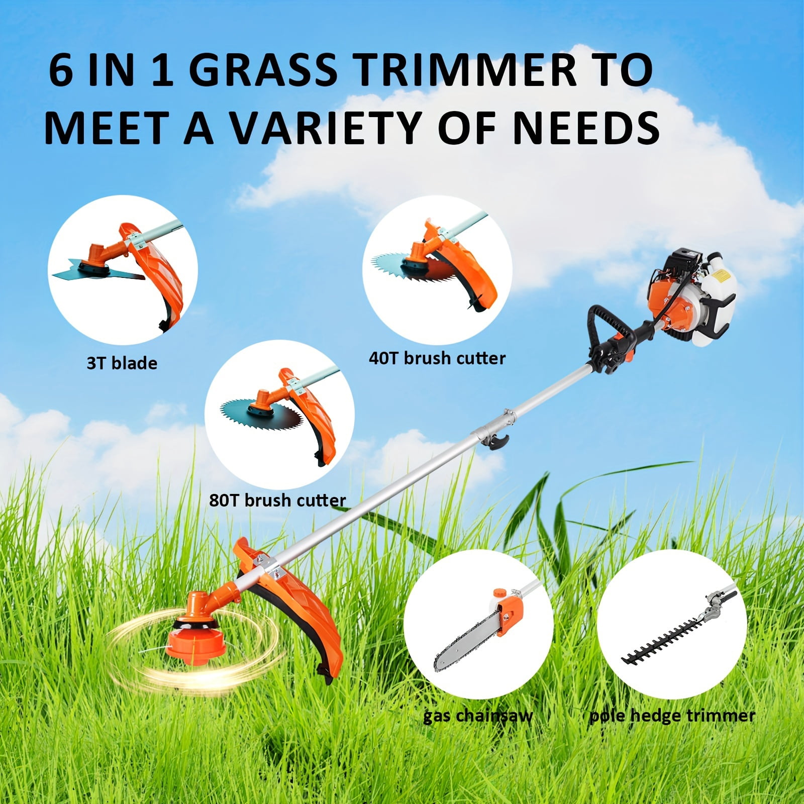 52cc 6 In 1 Multi Functional Garden Trimming Tools, Gas Powered String Trimmer, Weed EaterGas Powered Hedge Trimmer Lawn Edger, Long Reach Pole Saw For Tree Trimming BranchBrush Cutter