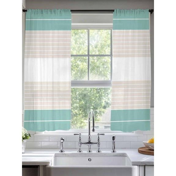 Turquoise Beige Stripe Sheer Curtains for Living Room Bedroom Modern Art Horizontal Striped Sheer Curtains 63 Inch Long 2 Panels Set Light Filtering Curtain Window Treatments Drapes for Dining Room