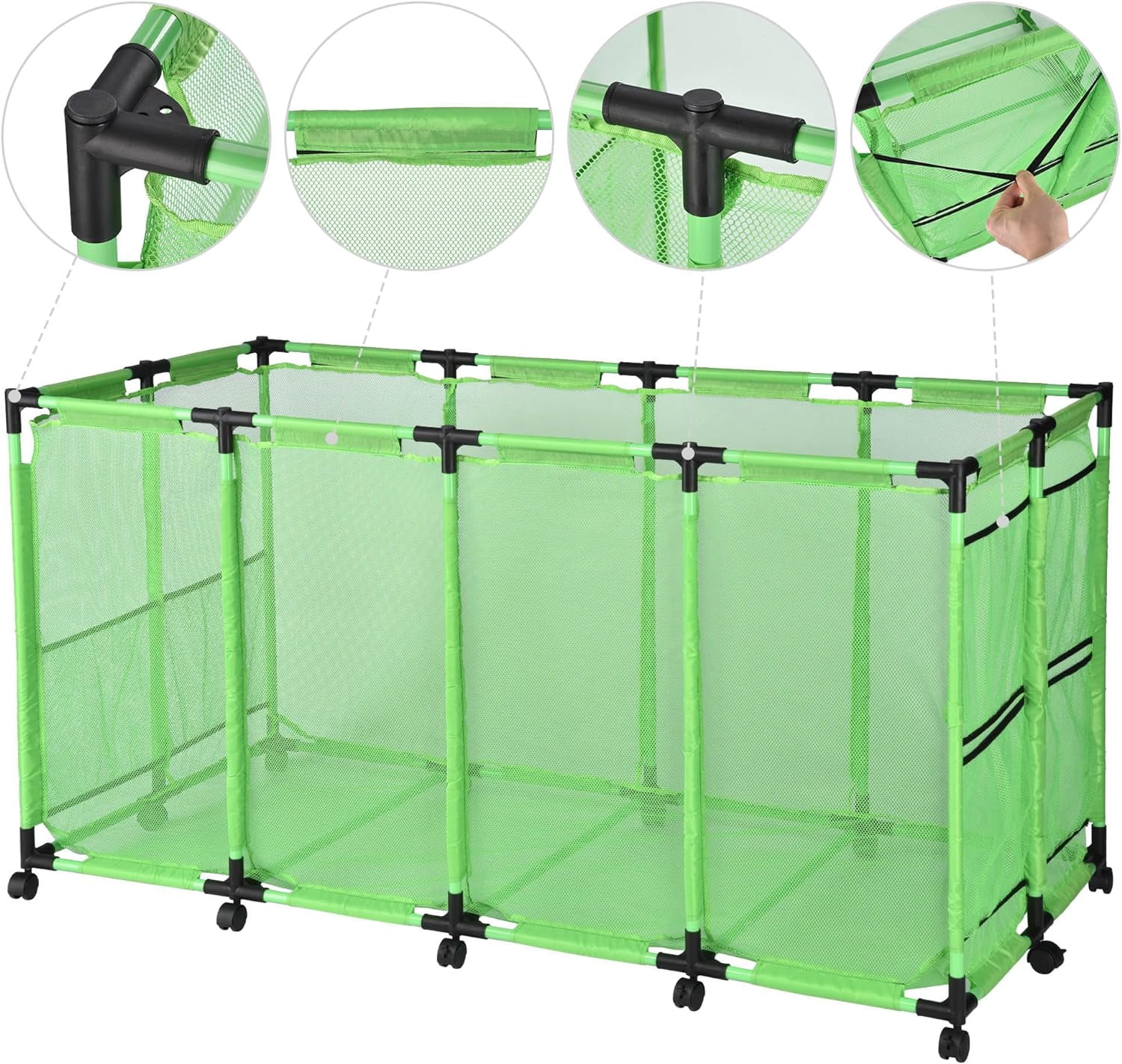 Mesh Pool Storage Bin Rolling Storage Coating Metal Frame Organizer Swimming Toys Holder Pool Float Holders Metal Frame Sturdy Connector, XXX-Large, 65" L x 30" W x 33" H, Green
