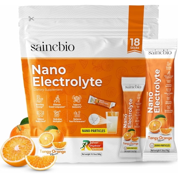 Sainebio Nano Electrolyte Powder | 18 Sachets | Potassium, Vitamin C, B-Complex | Hydration & Energy (10.1 Ounce (Pack of 1), Tangy Orange Flavour)
