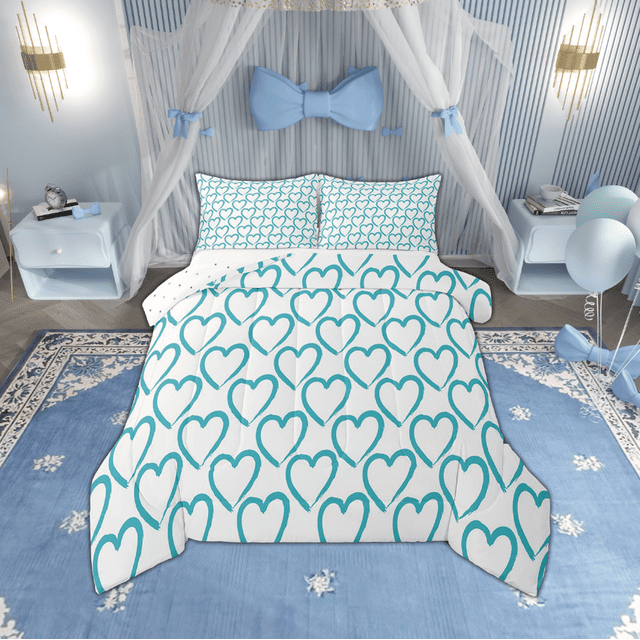 Erosebridal Blue Love Heart Print Bedding Full Comforter Set, Romantic Theme Down Comforter, White, Reversible 3-Piece