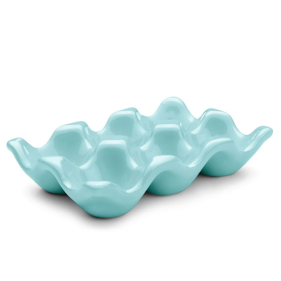 Ceramic 6 Cups Egg Tray - Half Dozen Porcelain Egg Holder Container Keeper Storage Organizer Decorative Serving Dish Serveware for Refrigerator Fridge Countertop Display Kitchen (Blue)