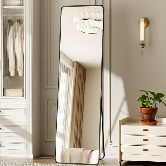 Puremirror 59"x16" Rounded Corner Floor Mirror Full Length Mirror with Metal Frame, Black