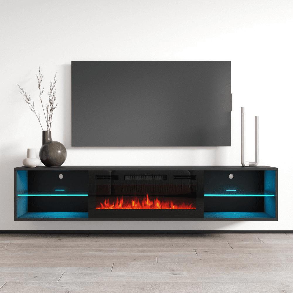 Lima BLEF Floating Fireplace TV Stand for TVs up to 80", Modern Matte