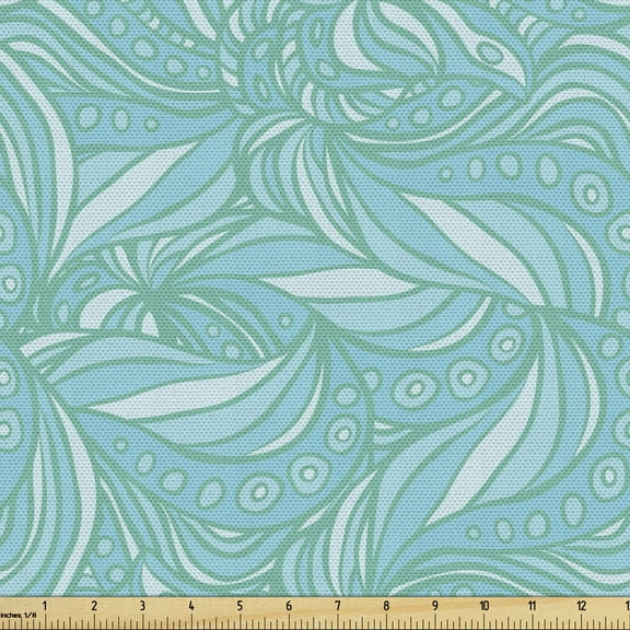Ambesonne Blue Fabric by the Yard Upholstery, Doodle Style Ocean Waves Leafy, 10 Yards, Turquoise and Aqua