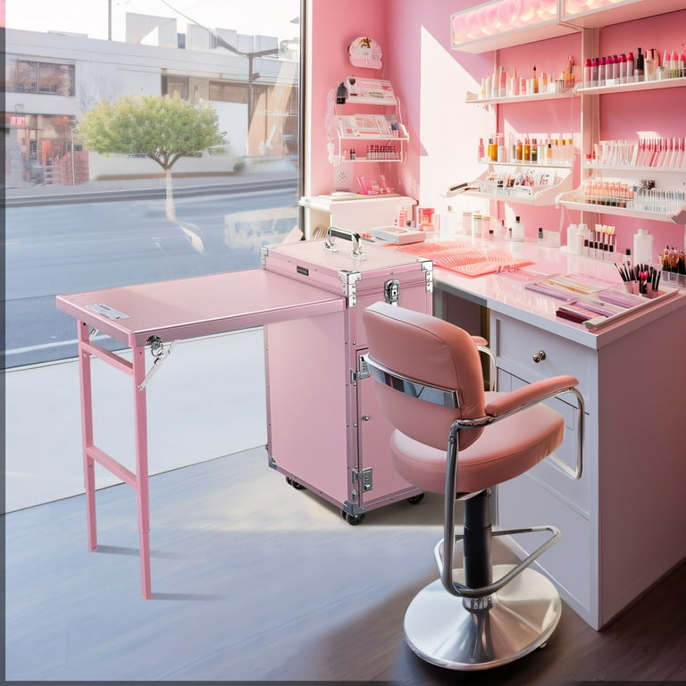 Byootique Portable Pink Trolley, Makeup Train Case, Nail Desk