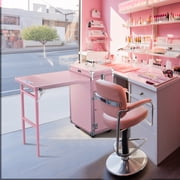 Byootique Nail Desk Mobile Station Rolling Makeup Train Case Manicure Table with Telescopic Handle, Pink