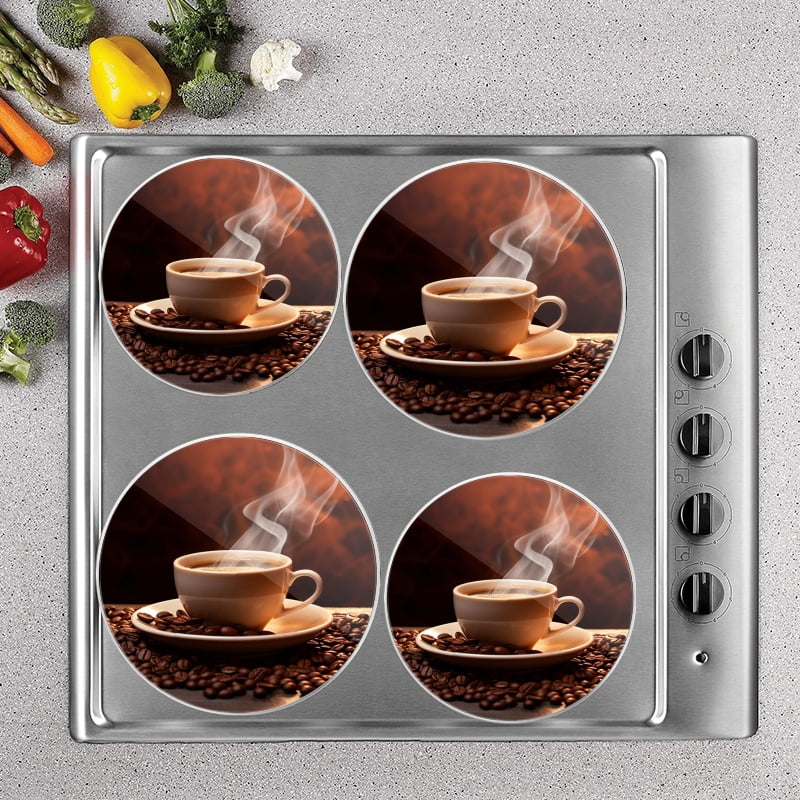 Bahomeck Gas Stove Burner Cover Set Of 4,Steaming Cup Of Coffee With Roasted Coffee Beans On The Table Metal Electric Stove Burner Covers,Protecting Gas Stoves,Kitchen Decor，8 Inch And 10 Inch