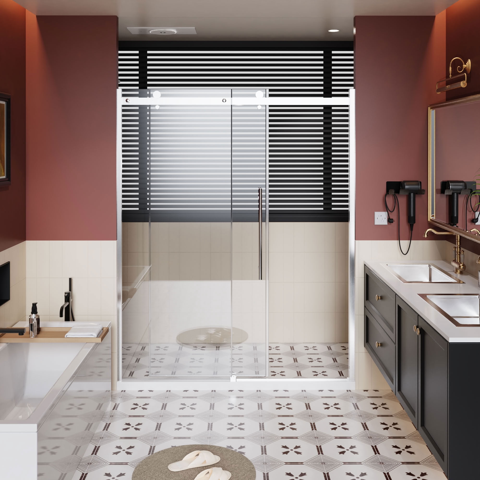 MAYEERTY Frameless Single Sliding Shower Door, Chrome Zinc Roller Rail, 1/4" Tempered Glass with Stainless Steel Handle, Waterproof & Reversible Installation