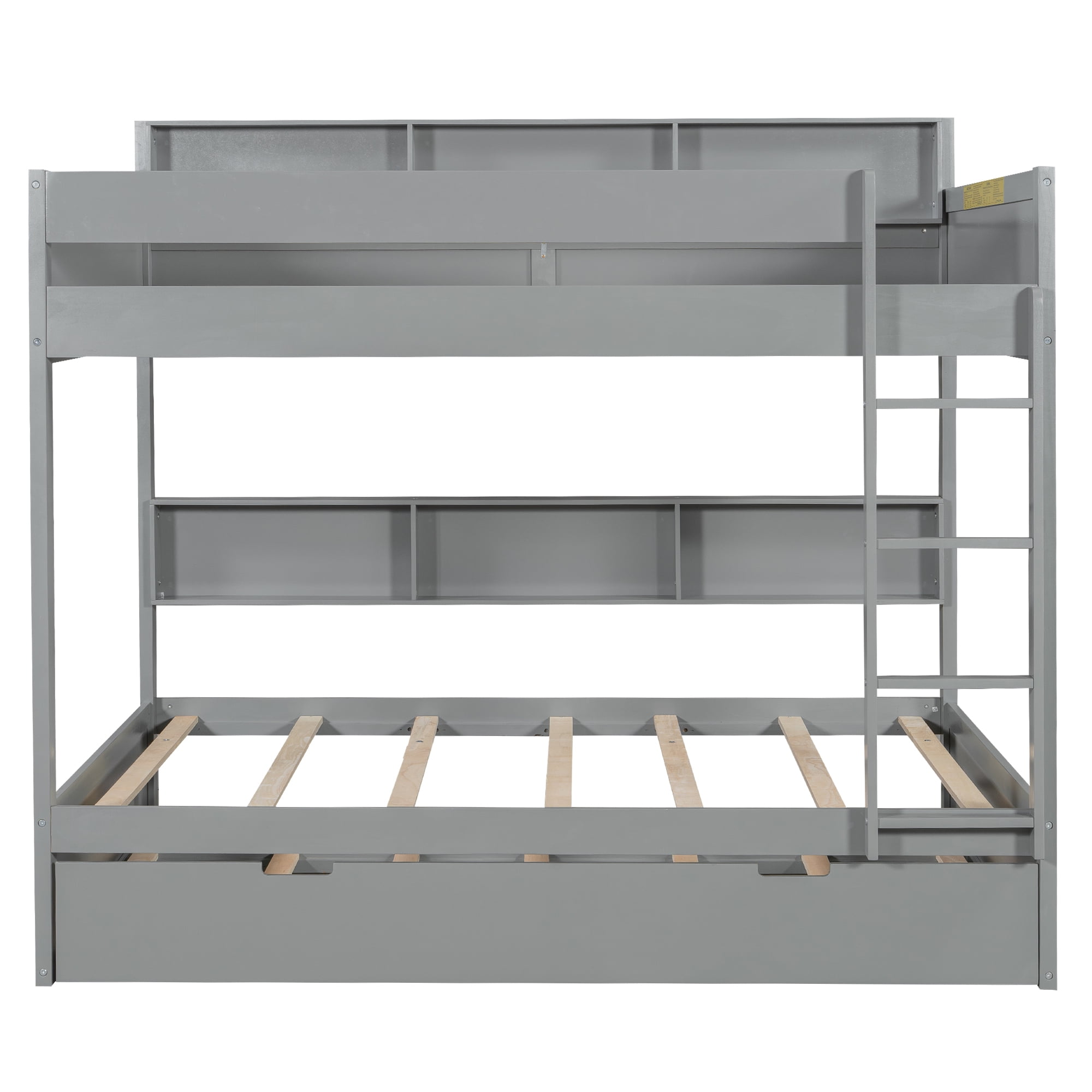 Euroco Wood Twin over Twin Bunk Bed with Storage Shelves and Trundle, Gray