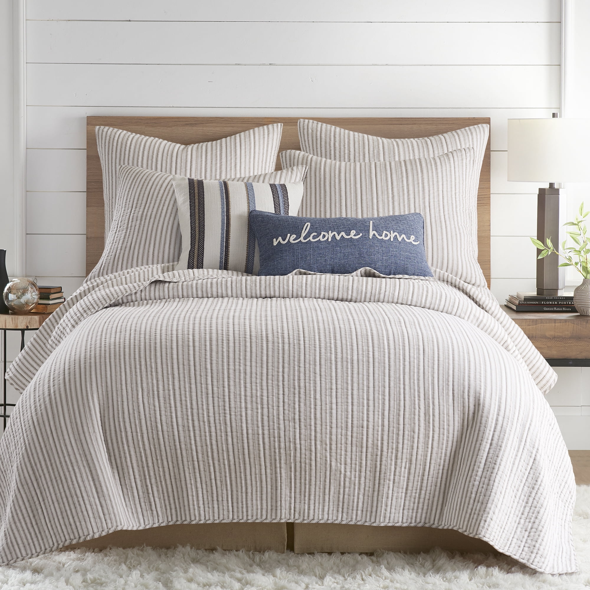 Levtex Home - Tobago Stripe Taupe Quilt Set - King Quilt + Two King Pillow Shams - White, Taupe - Quilt Size (106x92in.) and Pillow Sham Size (36x20in. ) - Reversible - Cotton Fabric