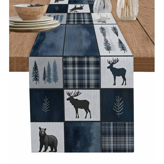 Ldtrchee Navy Blue Plaid Table Runner 90 Inches, Farmhouse Animals Tree Rustic Bed Runner Dresser Scarves Tabletop for Indoor Outdoor Parties/Ceremony/Banquet, 13" x 90"