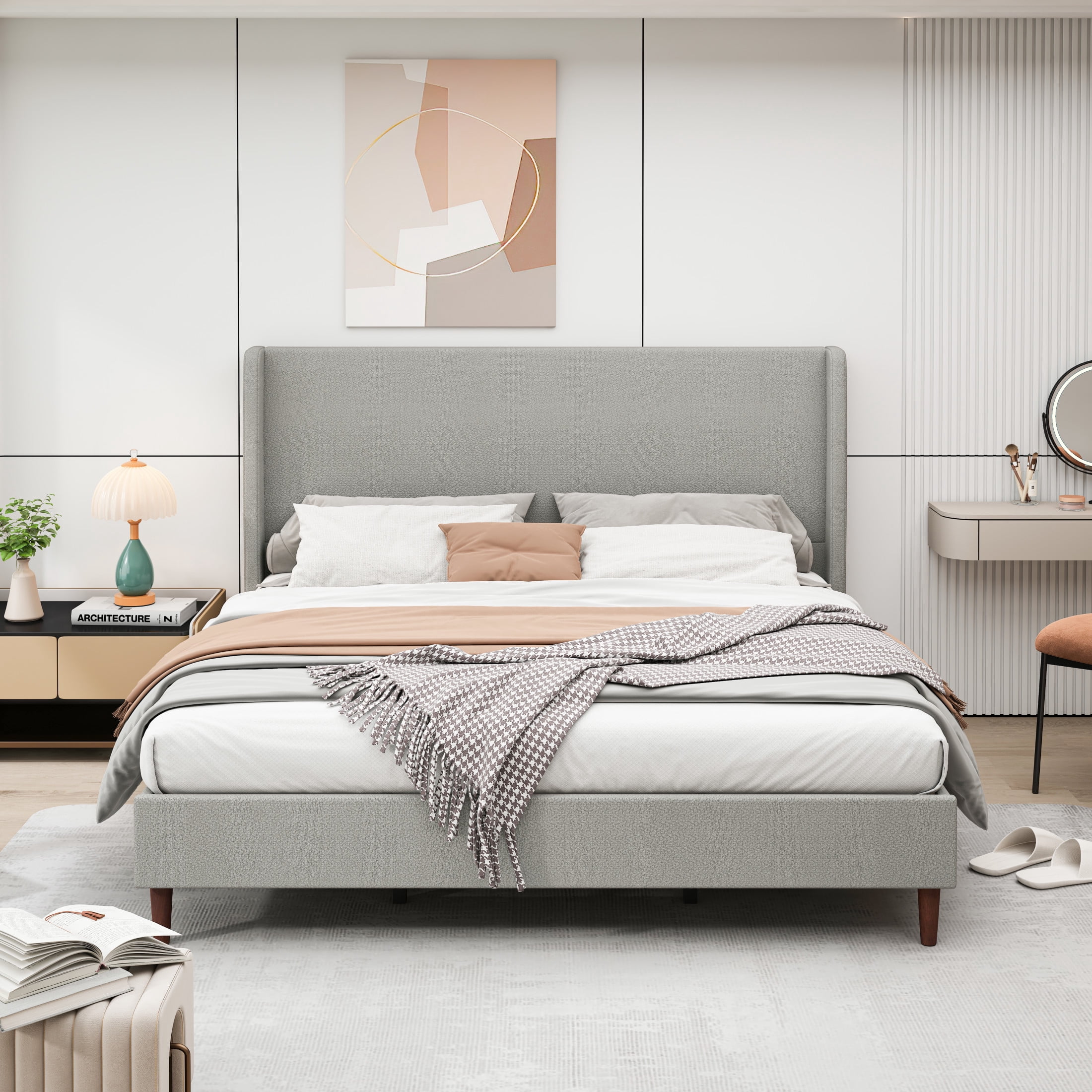 GDF Studio King Size Chenille Upholstered Bed with High Headboard & Wood Slat Support, Light Gray