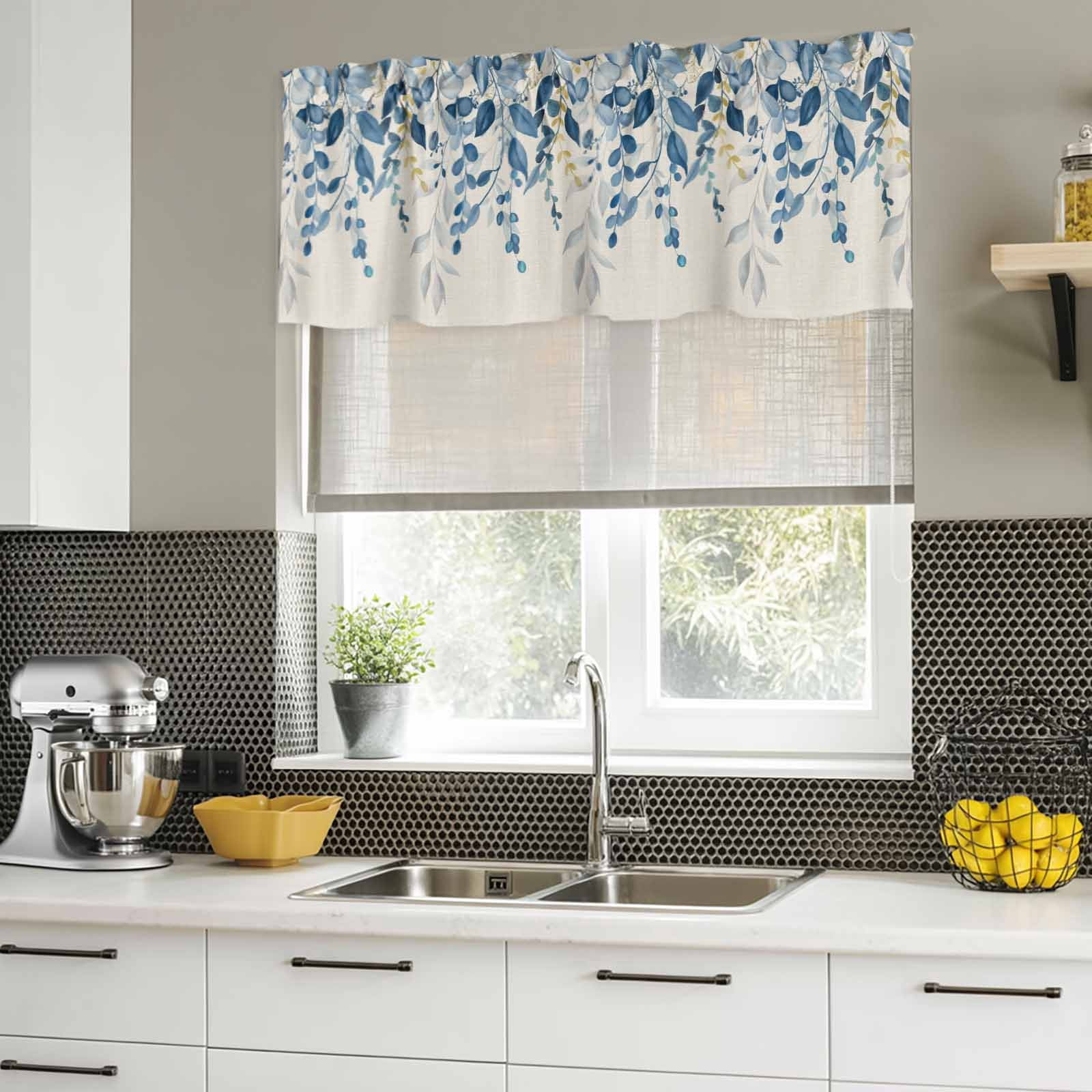2 Pack Valances for Windows, Blue Eucalyptus Window Valances for Living Room/Bedroom/Bathroom, Farmhouse Weeping Leaves Linen Light Filtering Kitchen Curtain Valance Window Treatment 42"W x18" L