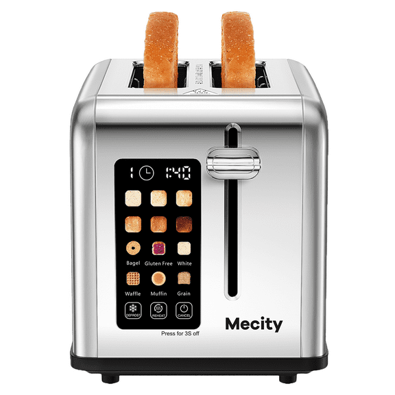 Mecity 2-Slice Touchscreen Toaster, Stainless Steel, 6 Shade Settings, Reheat, Cancel, Defrost, Sliver