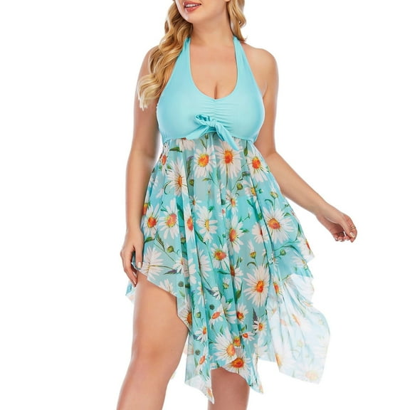 Women's Plus Size Halter Backless Swimsuit Two Piece - Floral Print Swim Dress and Bow, Adjustable Straps -4XL, US 20