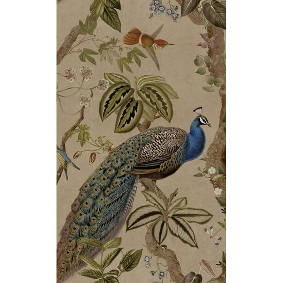 Taupe Climbing Peacock & Climbing Florals Tropical Wallpaper