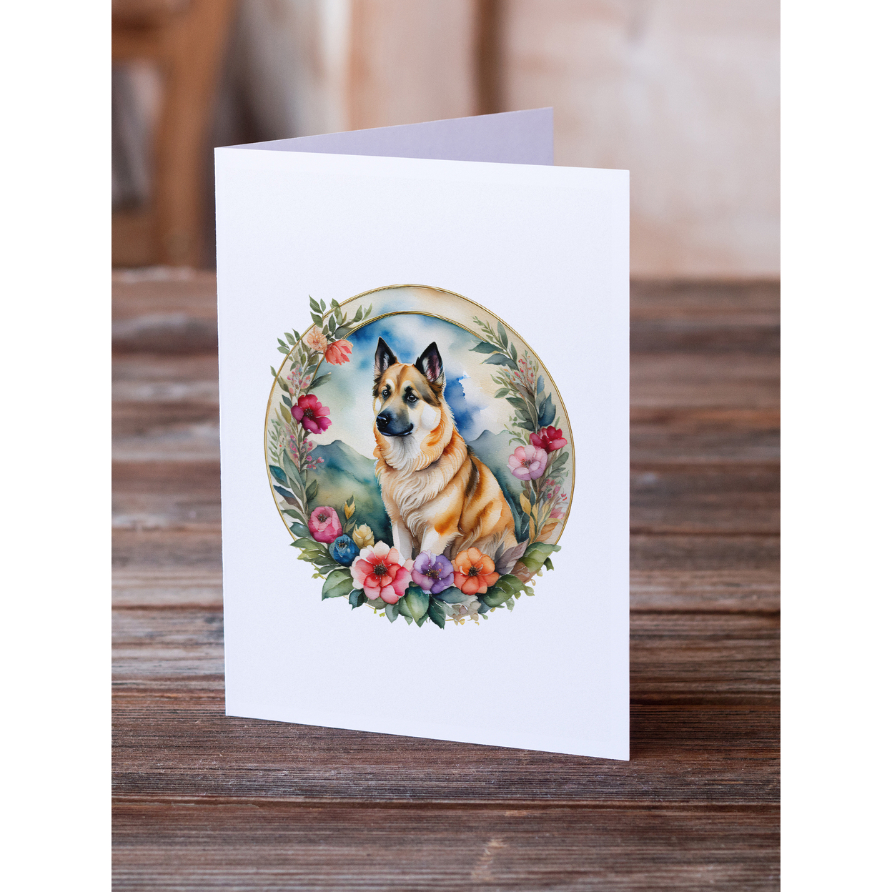 Norwegian Buhund and Flowers Greeting Cards and Envelopes Pack of 8 7 in x 5 in