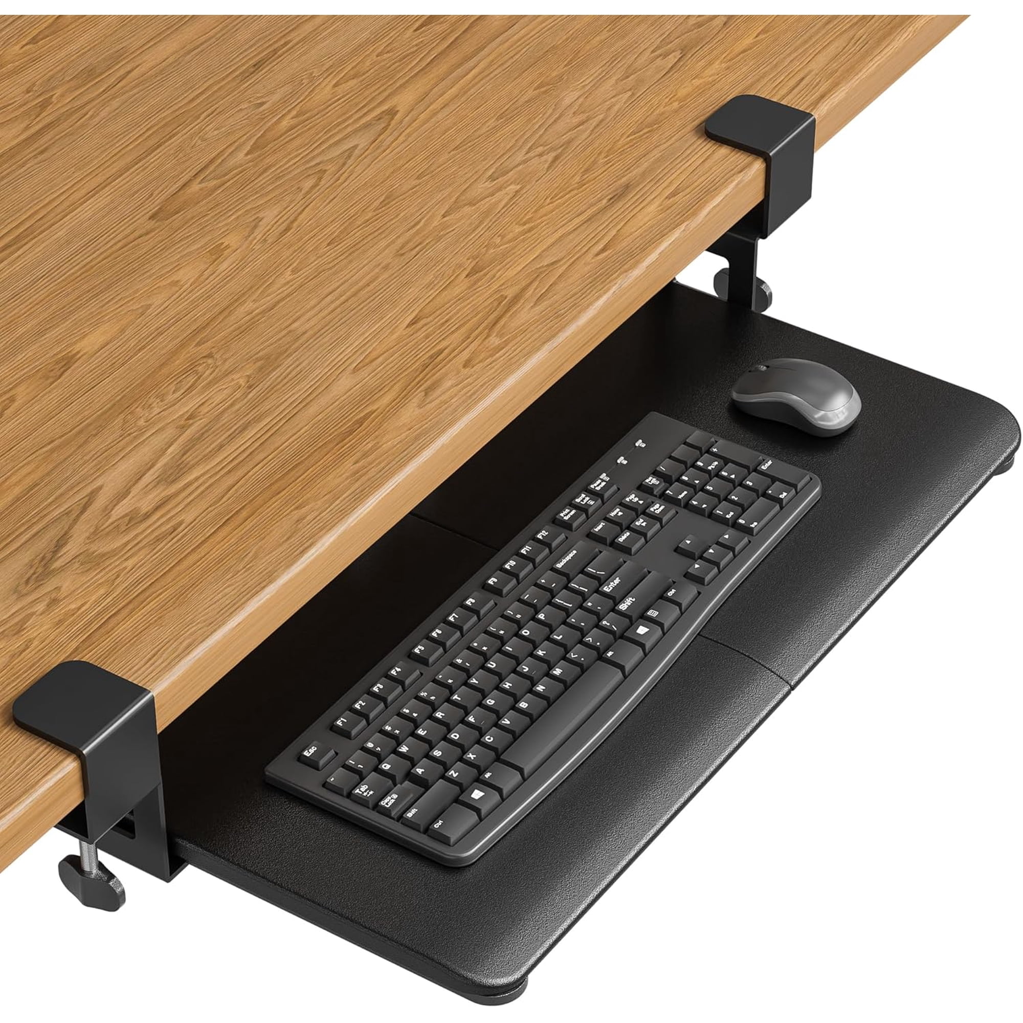 Under Desk Keyboard Tray Pull‑Out Keyboard and Mouse Platform C‑Clamp Mount Ergonomic Slide‑Out Drawer for Space‑Saving Desktop Workspace