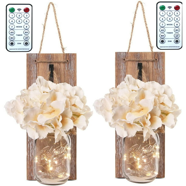 2 piezas de luces LED de hadas, lámpara de pared de tarro de albañil vintage con decoración de madera de flores artificiales, lámpara de pared rústica, cadena de luces para Halloween,
