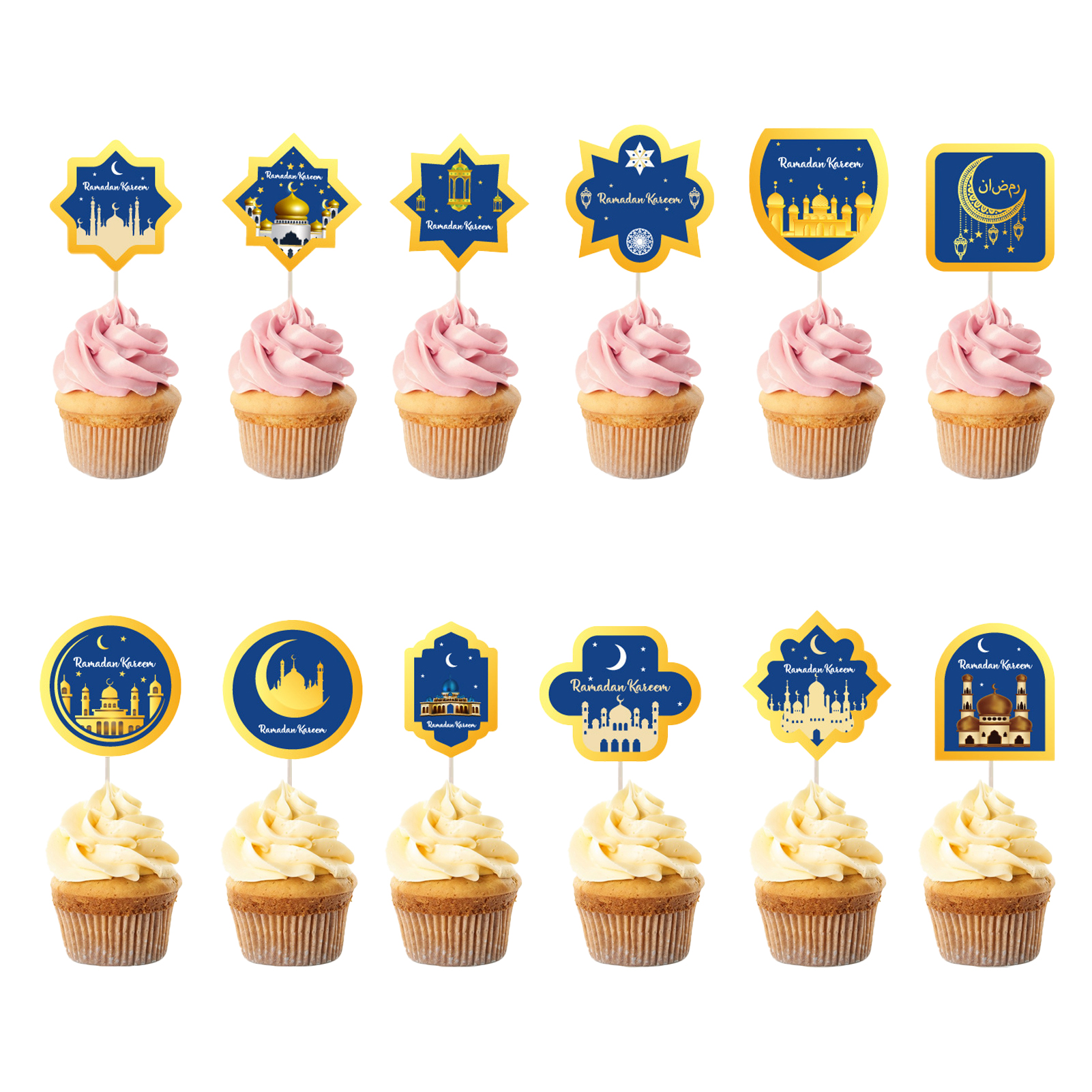 Dolked 12pcs Cupcake Toppers ,Eid Mubarak Cake Toppers ,Islamic Party