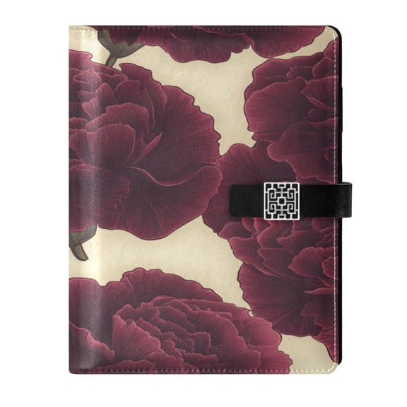 9.2x6.7 inch Leather Notebook 100 Sheets, Multi-Pocket Design & Pen Loop Dark Red Carnations Refillable Journal Organizer