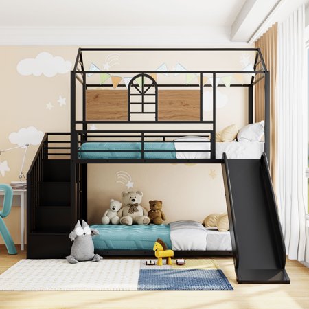 JINS&VICO Twin Over Twin House Bunk Bed  Twin Size Bunk Beds Metal Bunk Bed Frame with Slide  Storage Stair and Safety Guardrails  for Kids  Teens  Adults  Dense Metal Slats Support  Black