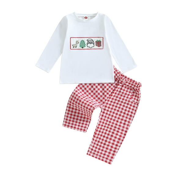 Miaouyo Toddler Baby Boys Girls Christmas Fall Outfits 6 12 18 24 Months 2T 3T 4T Long Sleeve Embroidery Tops and Plaid Pants Set