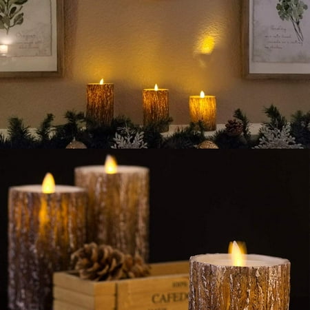 REDSHORE Pine Bark Flameless Candles Battery Operated Pillar Real Wax LED Flickering Candle Light Set,w/10-Key Remote Control And Timer,for Home Decor